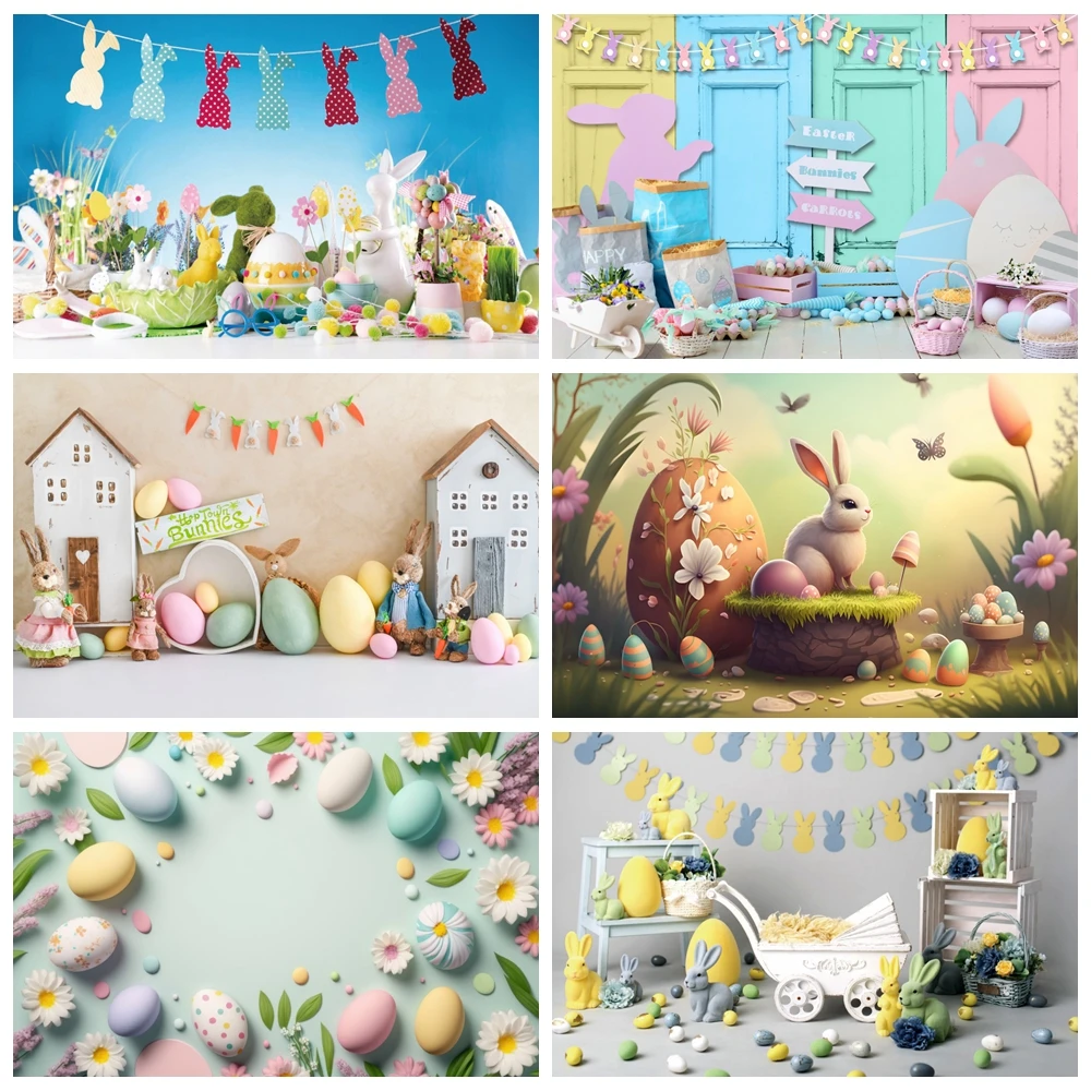 

Spring Easter Backdrop Rabbit Flowers Eggs Baby Shower Kid Portrait Birthday Photography Backdrop Decor Banner Photo Studio Prop