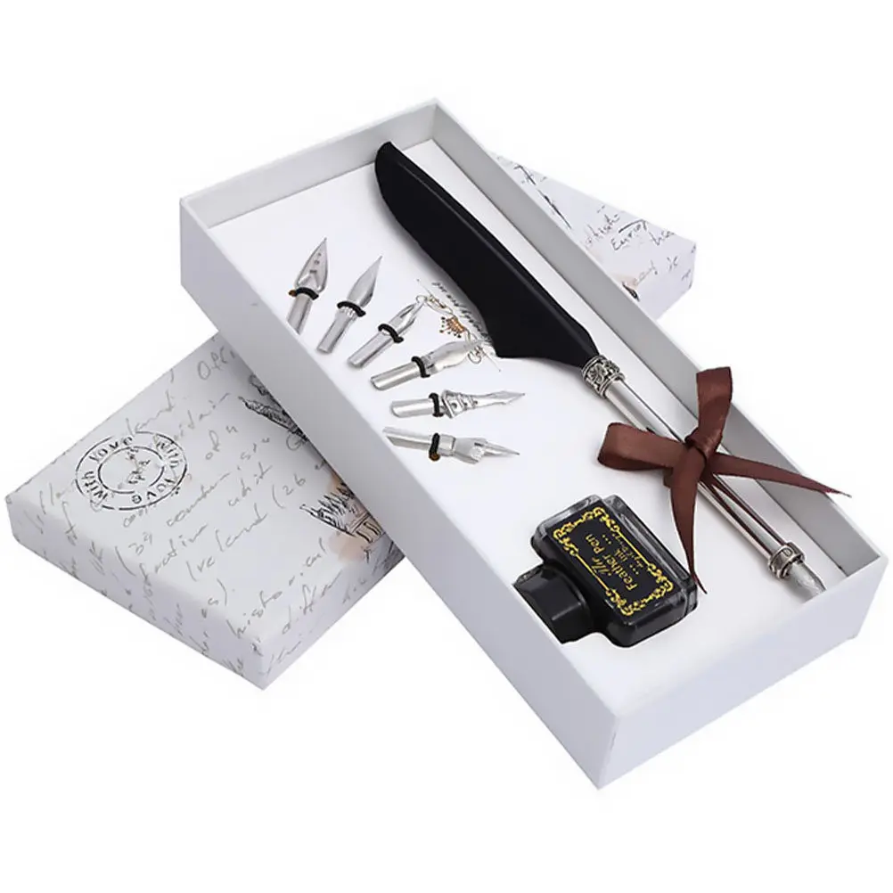 

Набор ретро-ручек с перьями, 6 сменных наконечников, черные каллиграфические ручки, подарочный набор для письма, канцелярские принадлежности для офиса