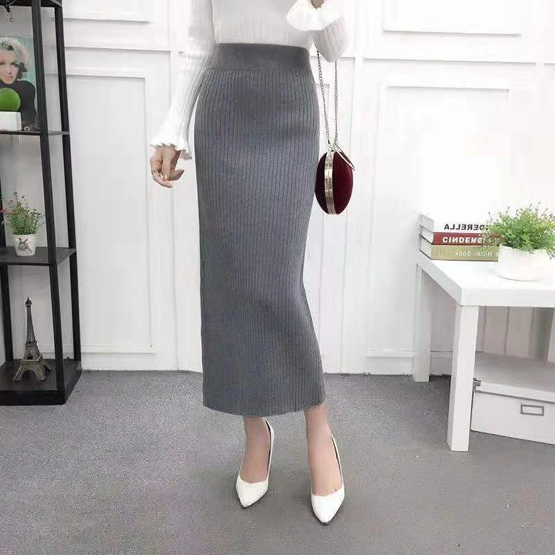 Korean Office Wool Skirt Women Elegant Back Split High Waist Knitted Midi Skirts Female 2023 Autumn Winter Thicken Pencil Skirt