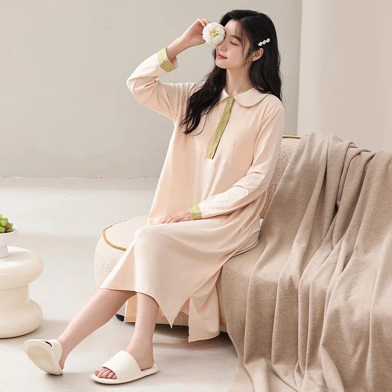 

Pure Cotton Sleepwear Women's Long Sleeve with Chest Pad Spring Autumn Casual Comfortable Maternity Skirt Ladies Nightgown Ca...