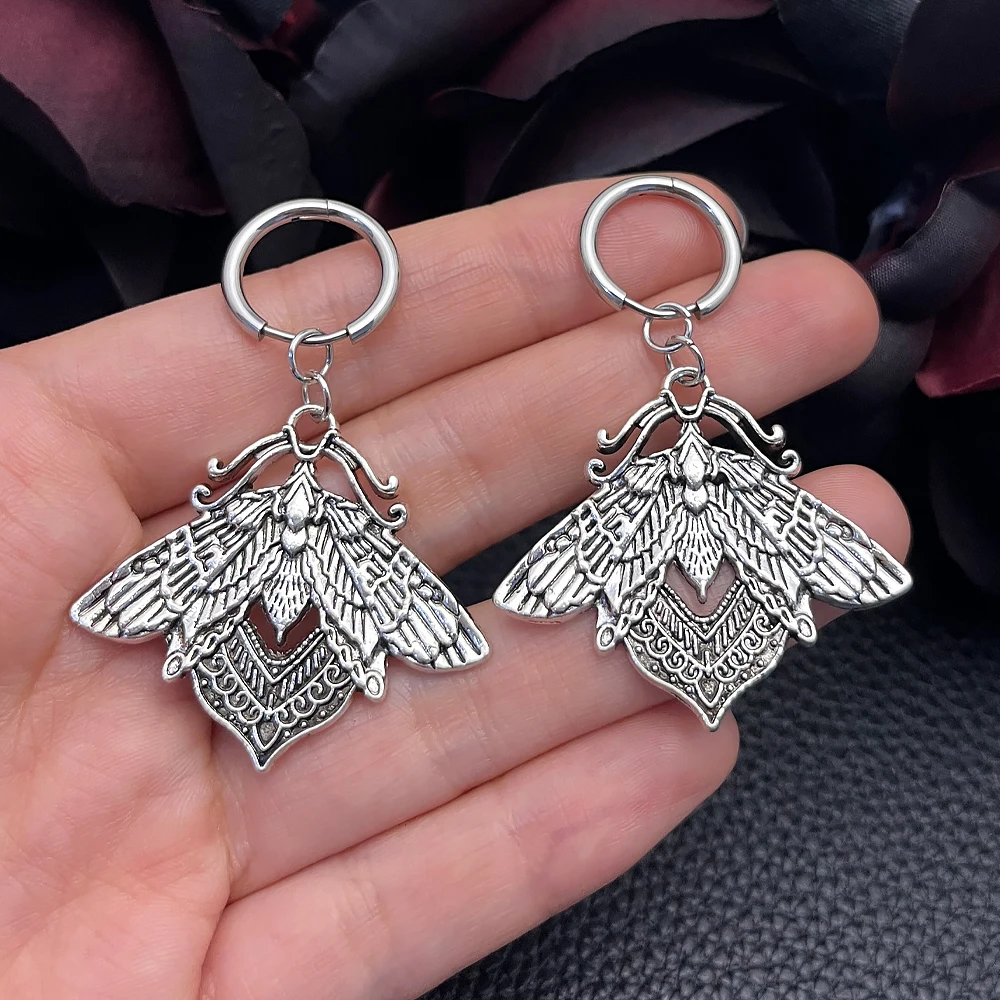 Gothic Punk Death Moth Dangle Hoop Earrings Silvery Skull Moth Filigree Moth Huggie Earrings Halloween Dark Witchy Jewelry view 5