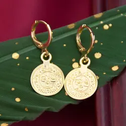 Sunspicems Gold Color Arabic Women Earring Round Coin Pendant Kurdish Bridal Wedding Jewelry