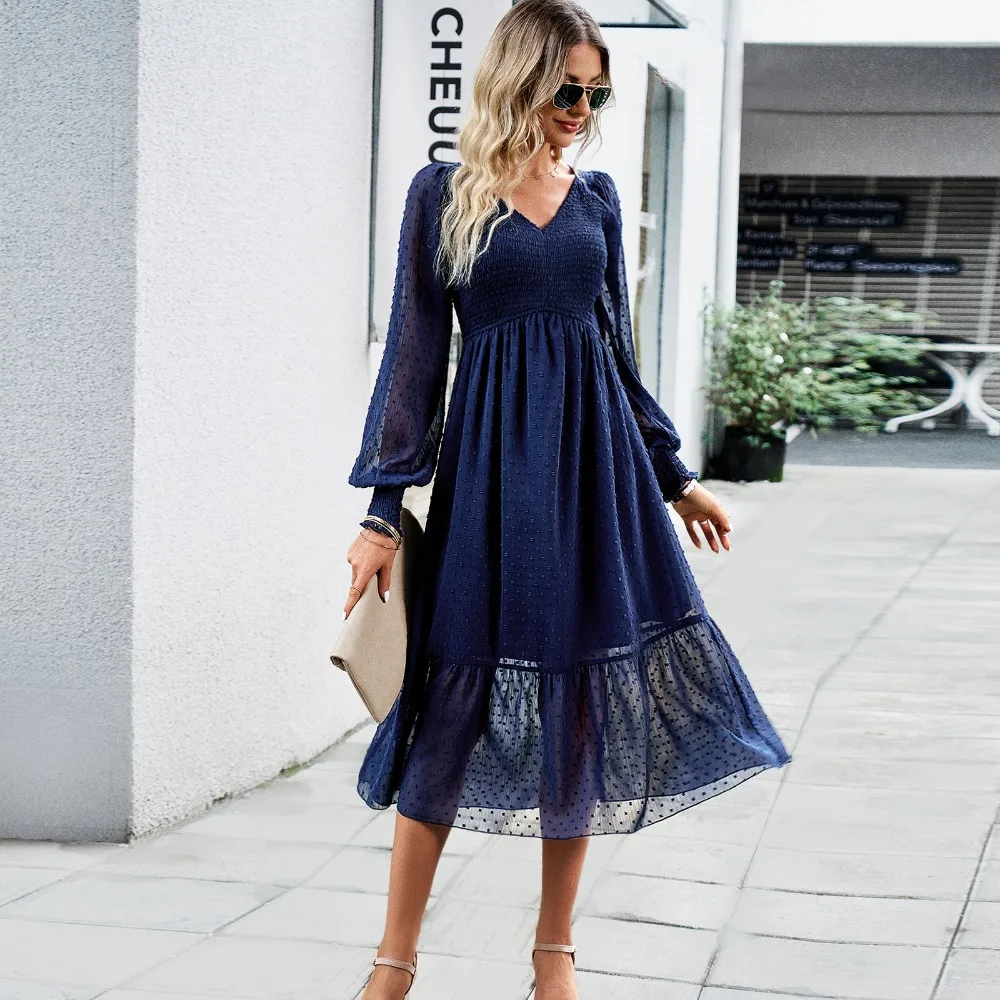 

Elegant V-neck Jacquard Dress Spring and Summer New High-waist Lantern Sleeve Women's Mid-length Dress Beach Dress/Vestidos