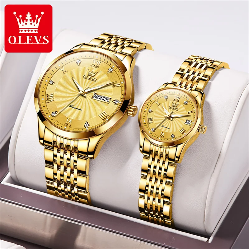 OLEVS-Montre-bracelet en or pour homme, montres pour femme, marque supérieure, montre-bracelet mécanique automatique de luxe, horloge habillée à la mode pour les amoureux