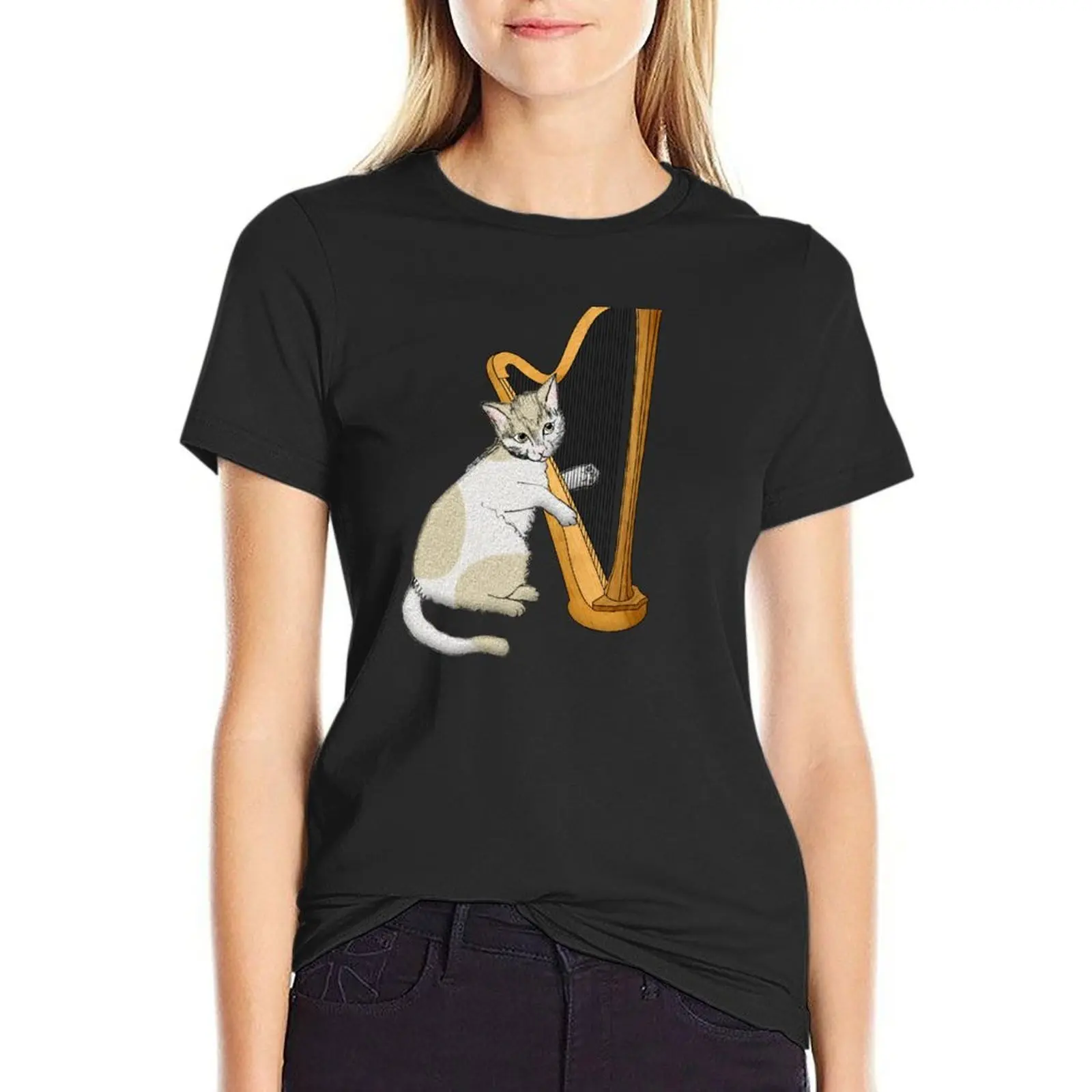 Calico Cat Plays the Harp T-Shirt anime clothes summer top female t-shirts for Women graphic tees funny