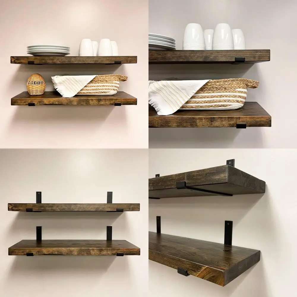 مجموعة أرفف على شكل حرف J صناعية من الخشب الصلب، مساحة تخزين جدارية شديدة التحمل للمطبخ، نمط ريفي مزخرف، طقم مكون من قطعتين، مثالي #1