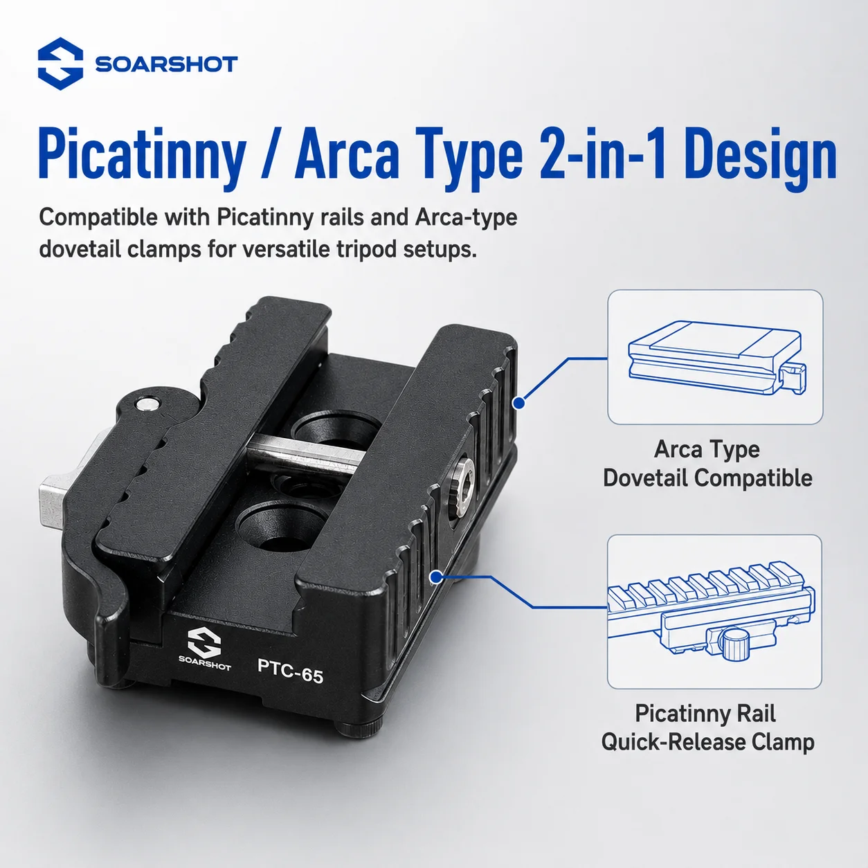 SOARSHOT PTC-65 Picatinny Arca Swiss Quick Release Plate Clamp Adapter ARMS 17S QD Sling Holes CNC Aluminum Tripod Mount - view 3