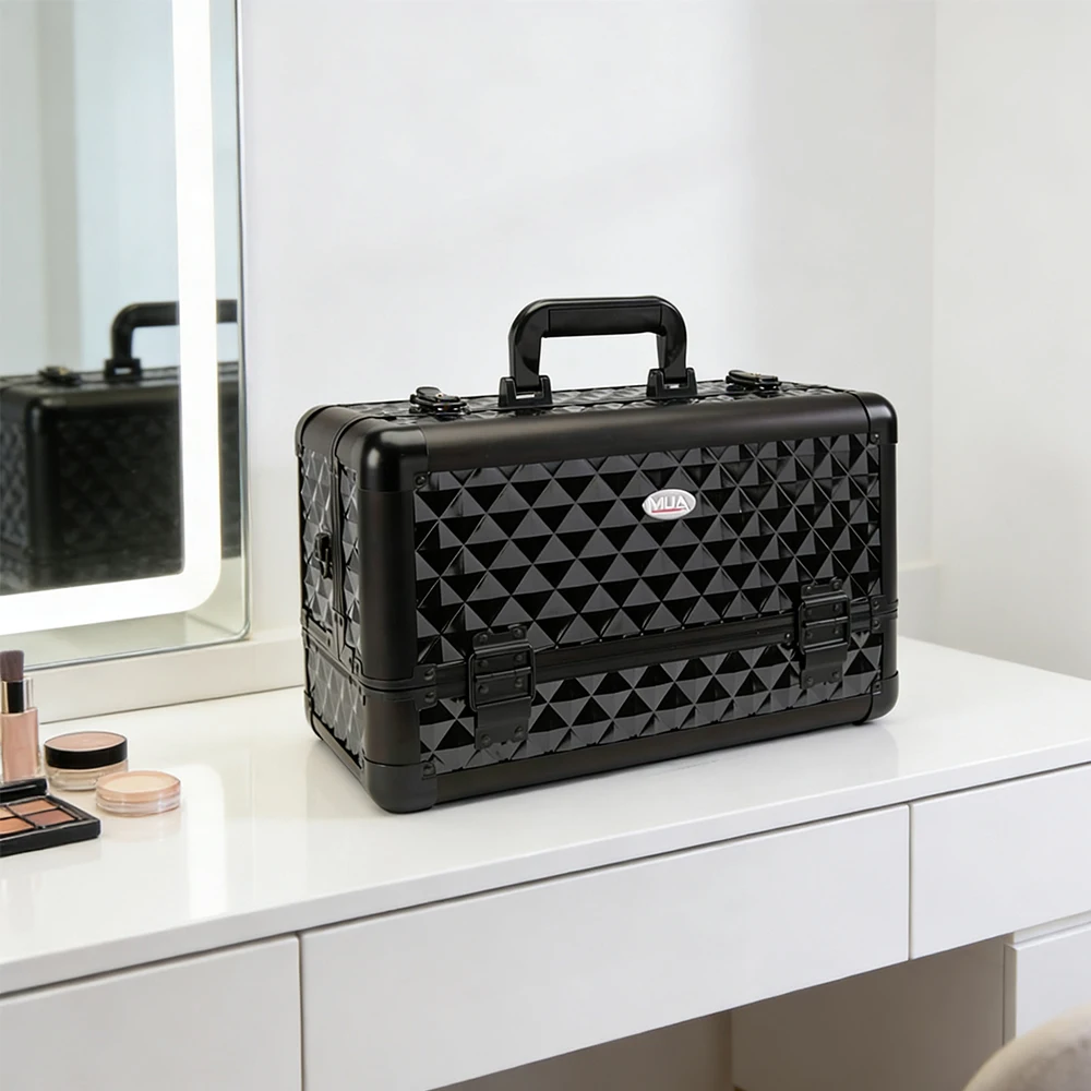 

Professional Makeup Case, Black Diamond Textured Multi-Layer Cosmetic Train Case with Adjustable Compartments, Handle