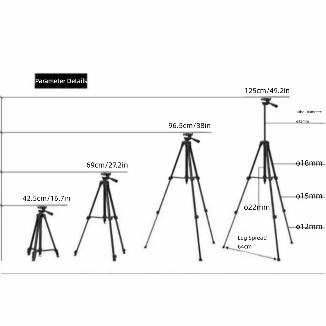 Adjustable Camera Tripod with Phone Holder, 3-Section Telescopic 16.7-49.2in, Metal ABS Stand for Photography Vlogging