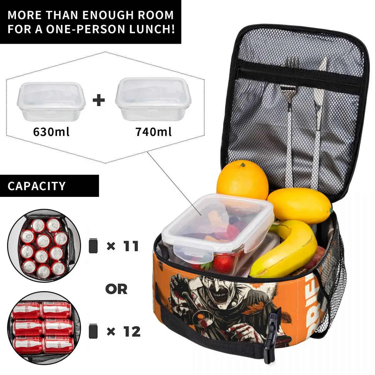 Art Crispies Terrifier Clown Lunch Bag Office Lunch Box For Adult Funny Custom Thermal Lunch Bags Waterproof Portable Cooler Bag