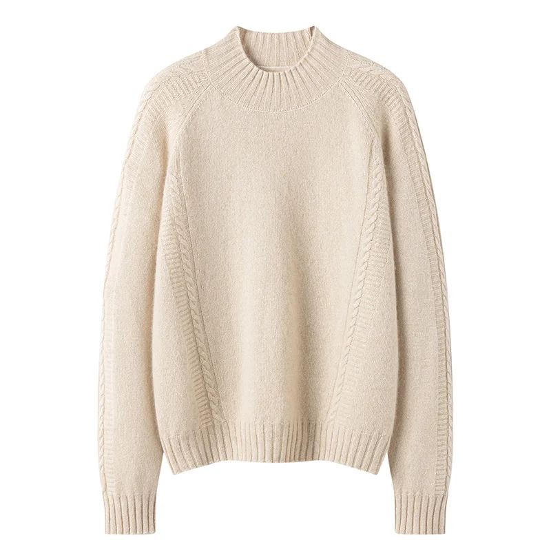 Sweter damski z kaszmiru 100%, model 2025, z półgolfem, luźny, dziergany, modny, ciepły, gruby, wysokiej jakości, koszula kaszmirowa.