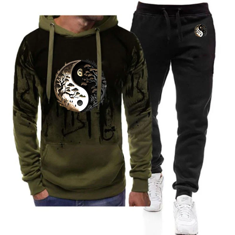 Tai Chi and Eight Trigrams Scenery Print Men's New 2025 Spring And Autumn Gradient Color Hoodies Sweatpant Suits