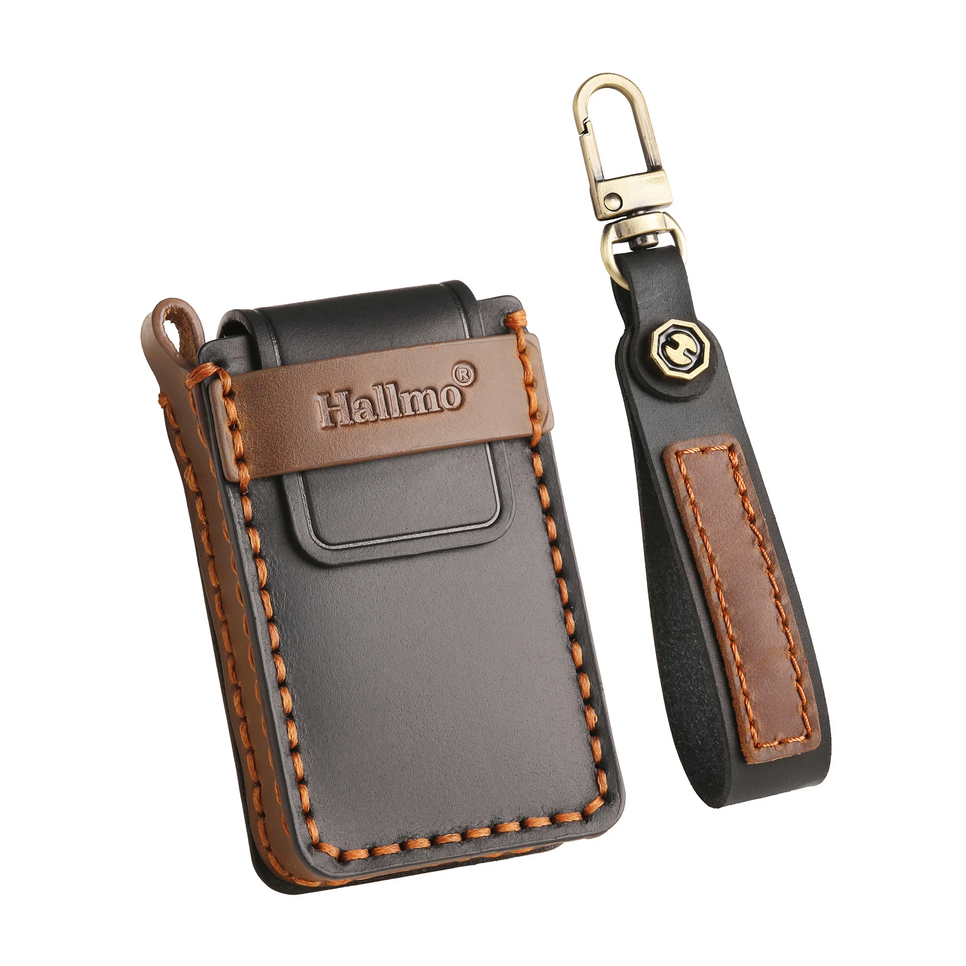 Echtes Leder-Schlüsseletui für Volvo EX30 Bluetooth-Schlüssel, Retro Handgefertigter Smart-Schlüssel-Schutz mit Handgelenkschlaufe und Metallhaken – Detail 12