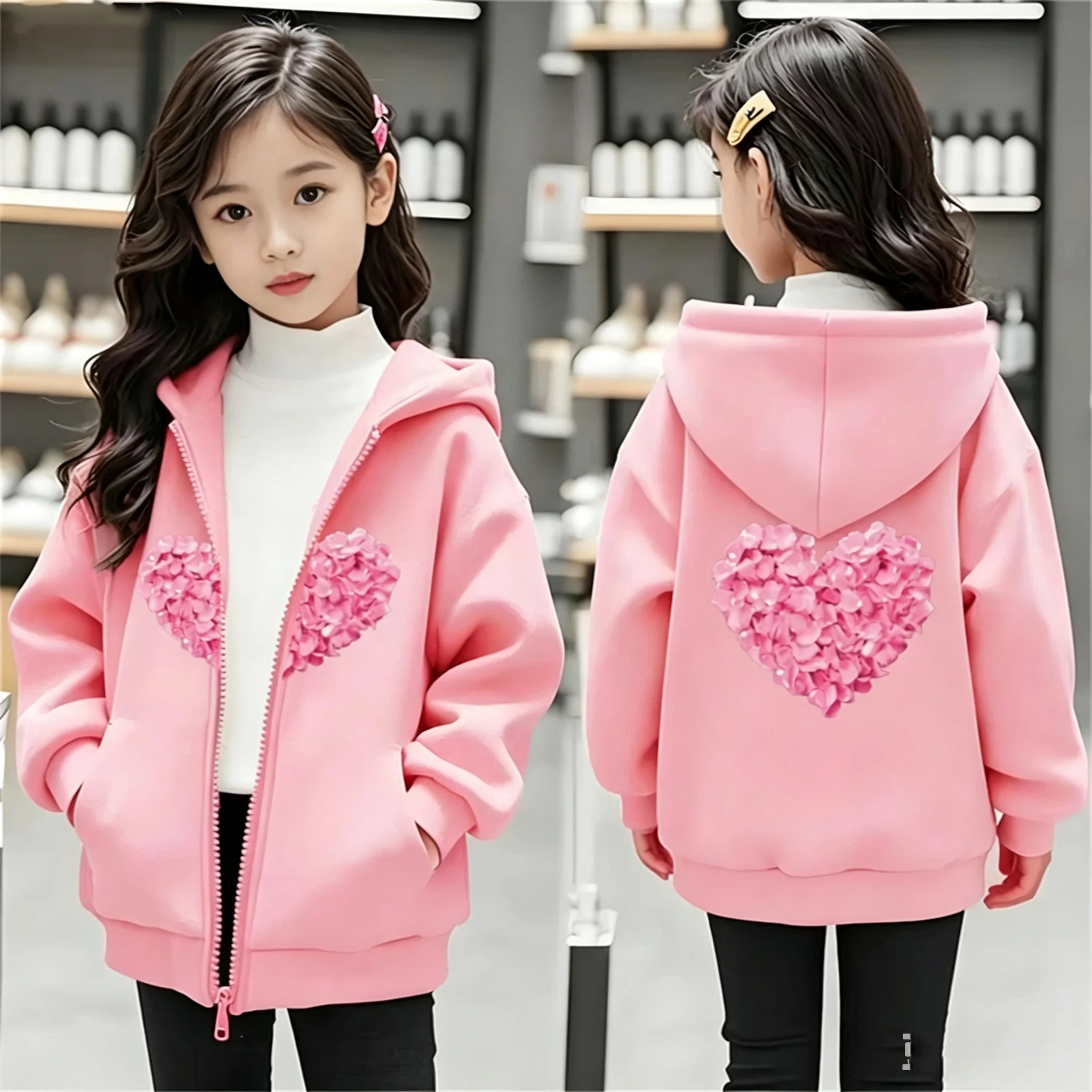 Children's hooded zipper pullover sweater - girls' and boys' coats with hood - for children aged 3-12 - heart-shaped petals