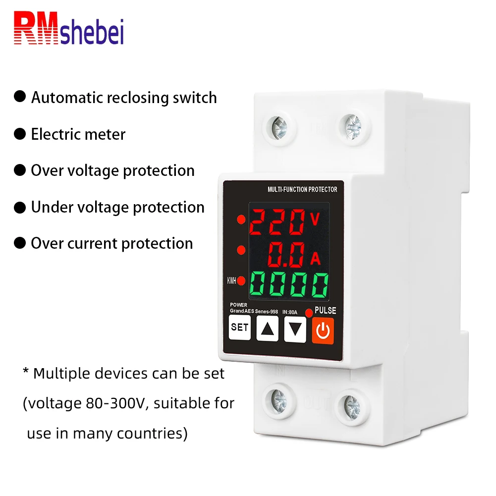 RMshebei 2P 63A Three Display Digital Tube Circuit Breaker With Metering 220V Rated Automatic Reclosing Switch