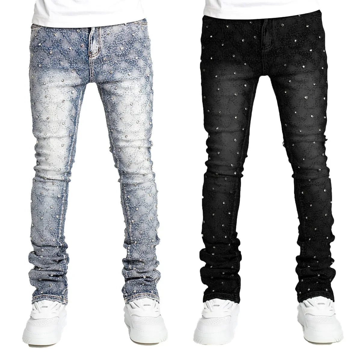 Stretchy Pearls Skinny Jeans For Men 2024 New Fashion Fashion Rhinestone European Street Personality Stacked Denim Pants