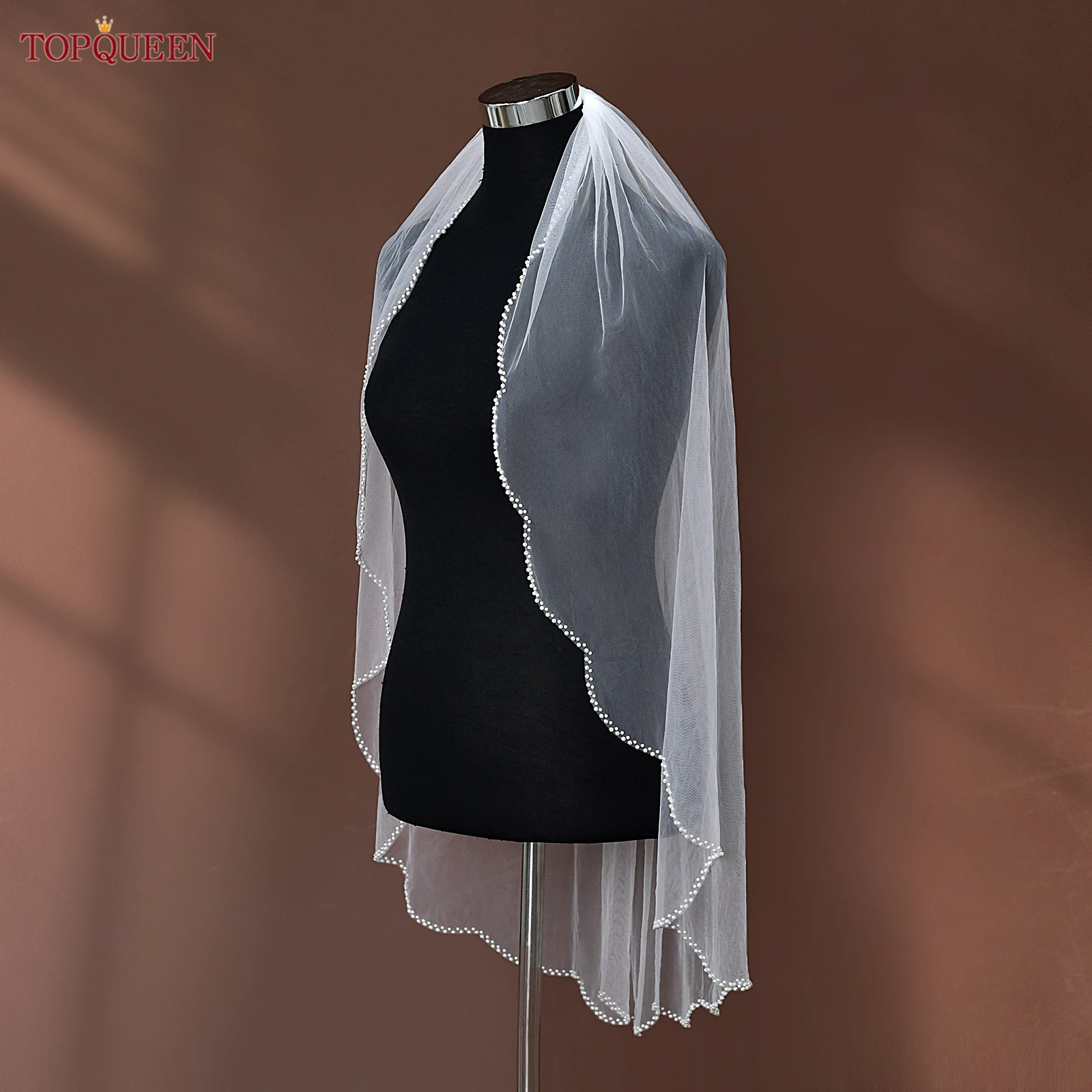 Topqueen v35 véu de noiva com pérolas, camada única, borda de contas, comprimento do cotovelo, elegância, véu de cabeça, doce, veu, alta qualidade