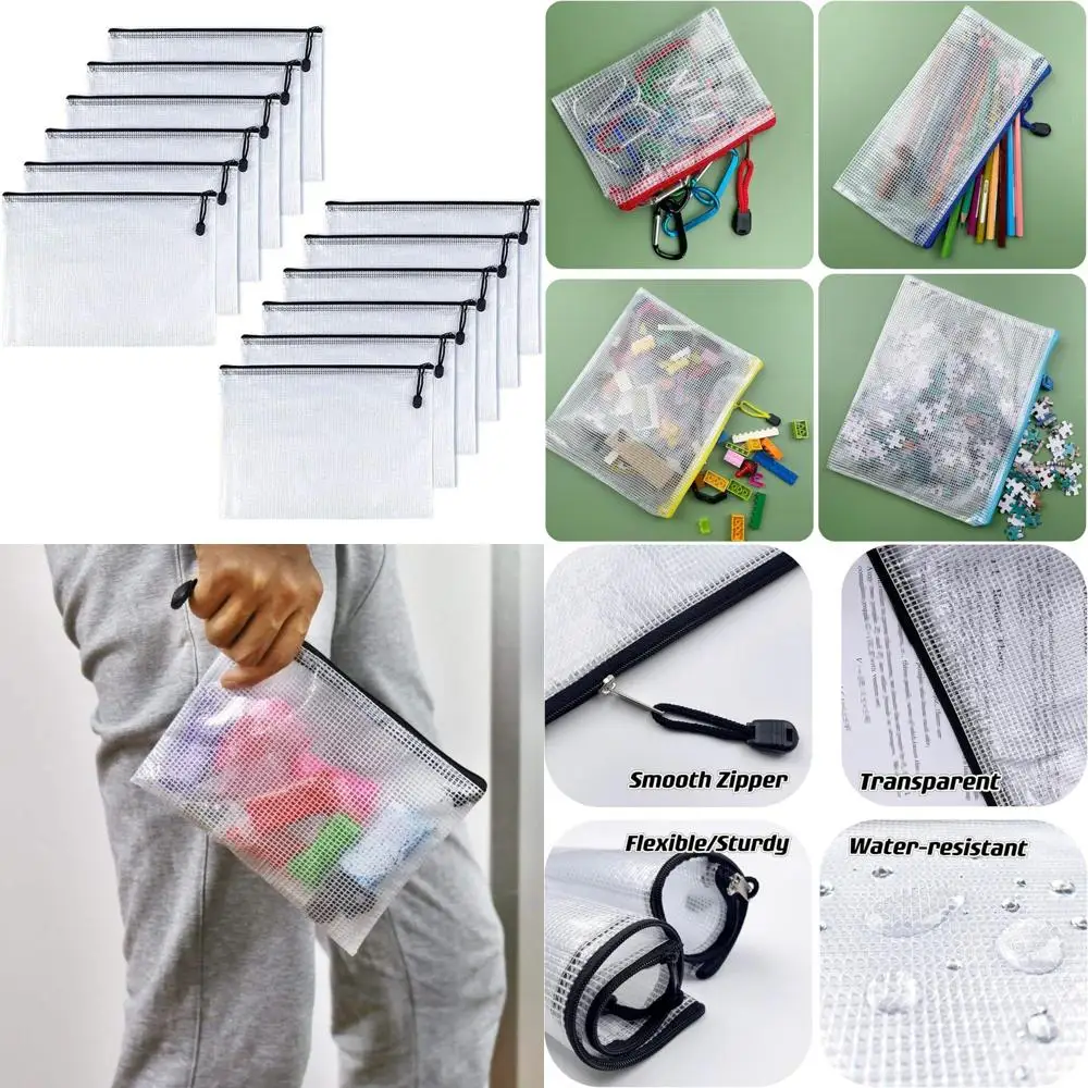 

-A4(9"x 13",12 Pcs),Plastic Mesh Zipper Pouch Document Folders Bag Zip File Folders for School Office Supplies, Travel,Puzzles G