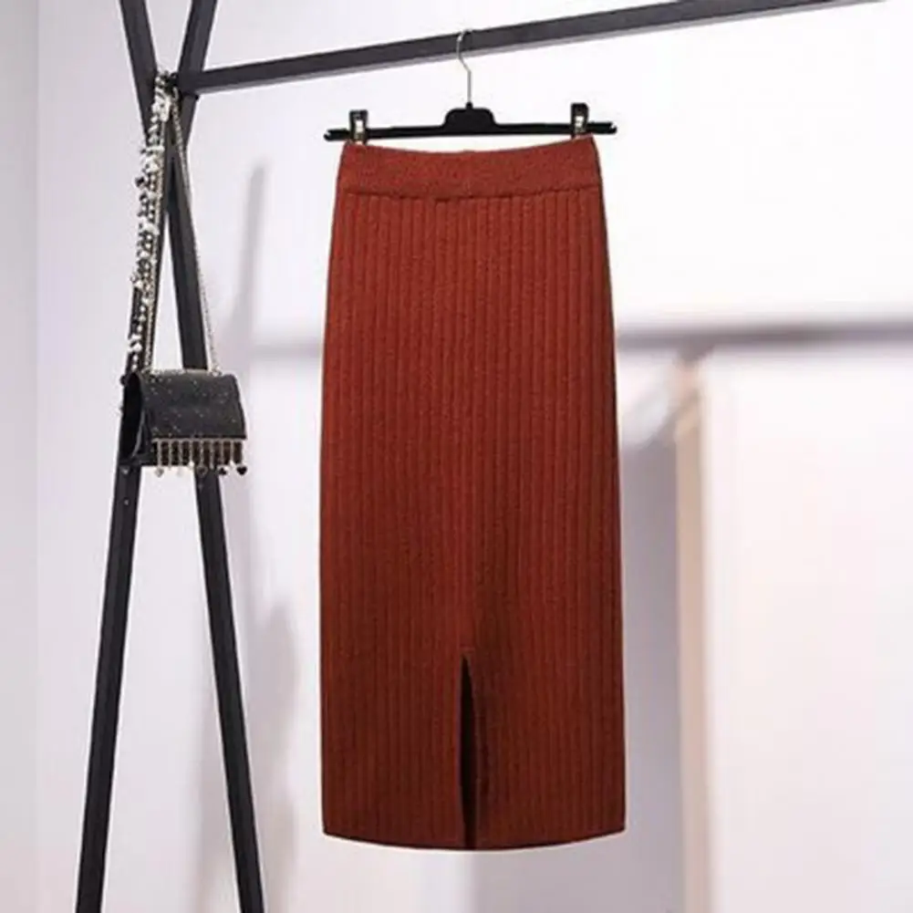 Soft Breathable Midi Skirt Elegant Women's High Waist Knitting Skirt with Back Slit Design Soft Warm Midi for Fall for Comfort