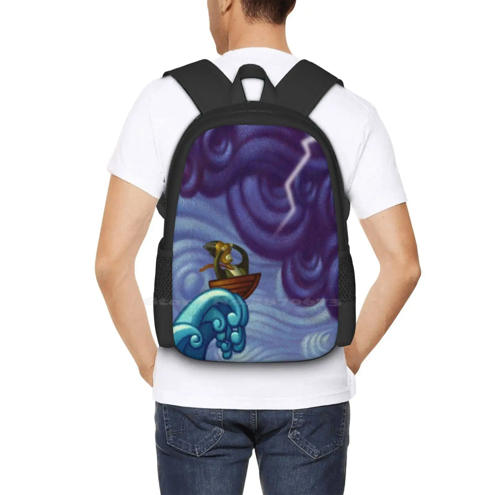 Wild Ride Large Capacity School Backpack Laptop Bags Boat Humor Wave Lightening Acrylic Rob Colvin Ocean Sea Tsunami Fear