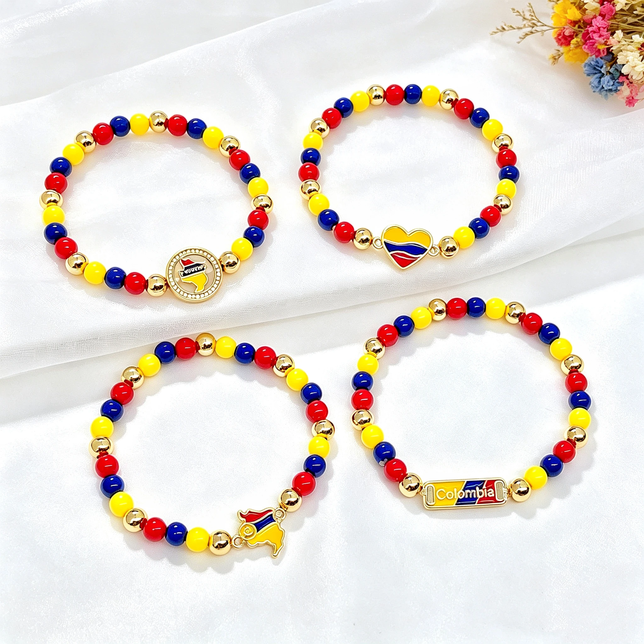 Bracelet extensible perlé en émail, motif drapeau vénézuélien et colombien, rond, carré ou en forme de cœur, pour hommes et femmes, bijoux patriotiques - Grande Vente