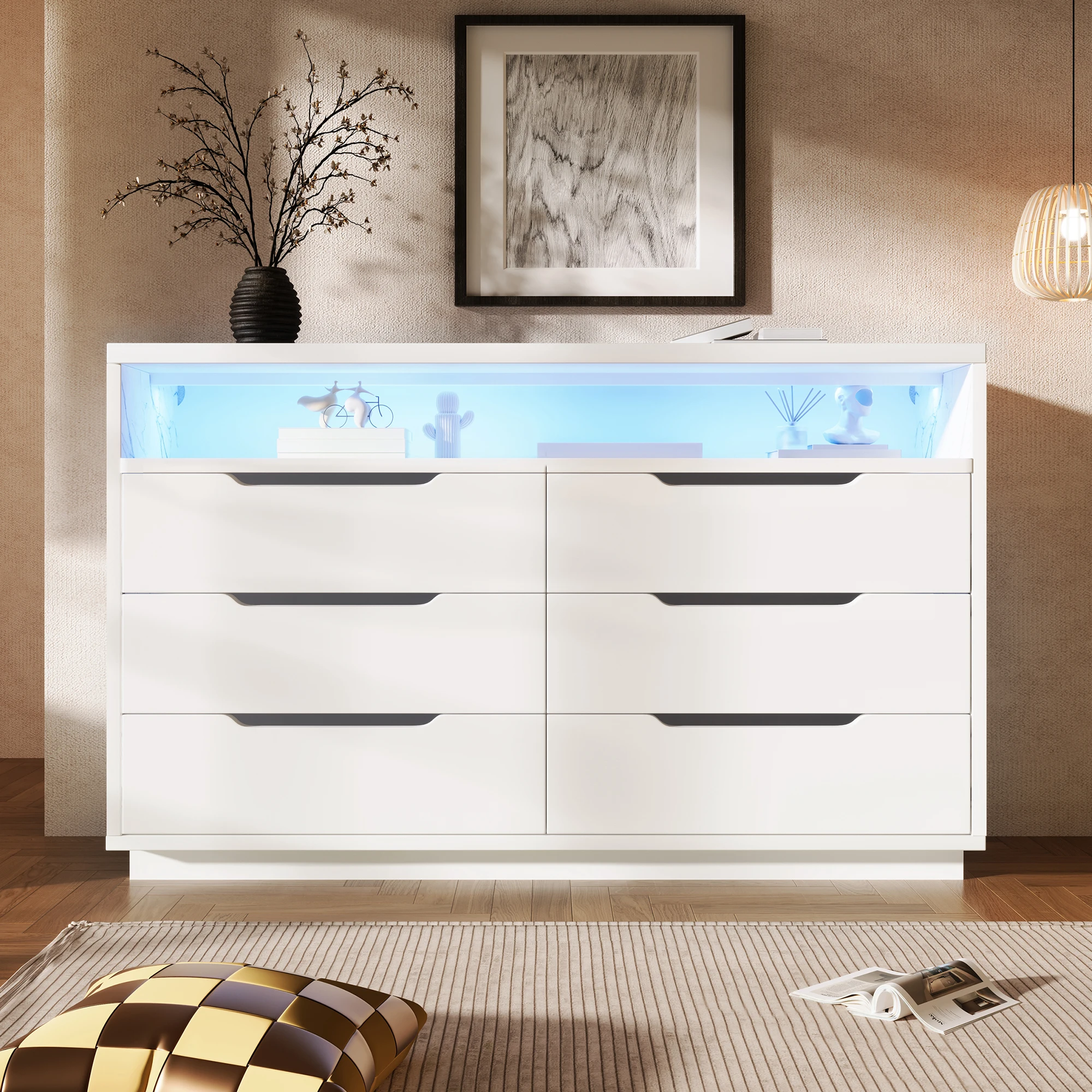 KOMHTOM Buffet blanc 120x40x85cm 6 tiroirs éclairage LED compartiment de rangement effet marbre