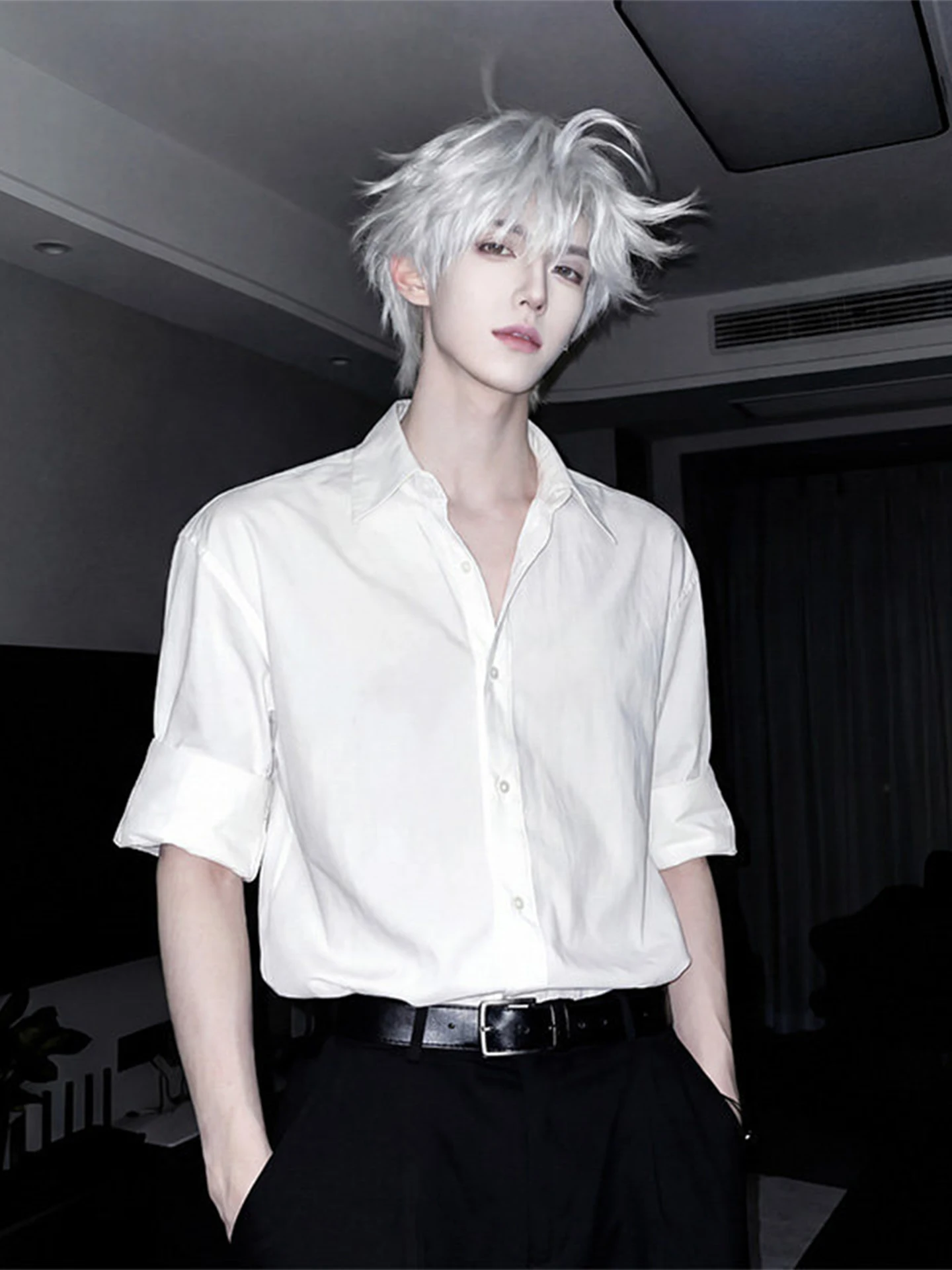 

White Long Sve Men's irt Cleanfit Suit Inner Wear Sle Casual Loose Fit Spring Youth Polyester Blend Breathable