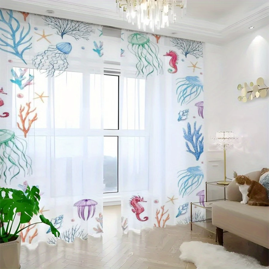 2PCS Digital Print Sheer Curtain, Coral Jellyfish, Modern Minimalist Window Curtains for Living Room Bedroom Home Decor