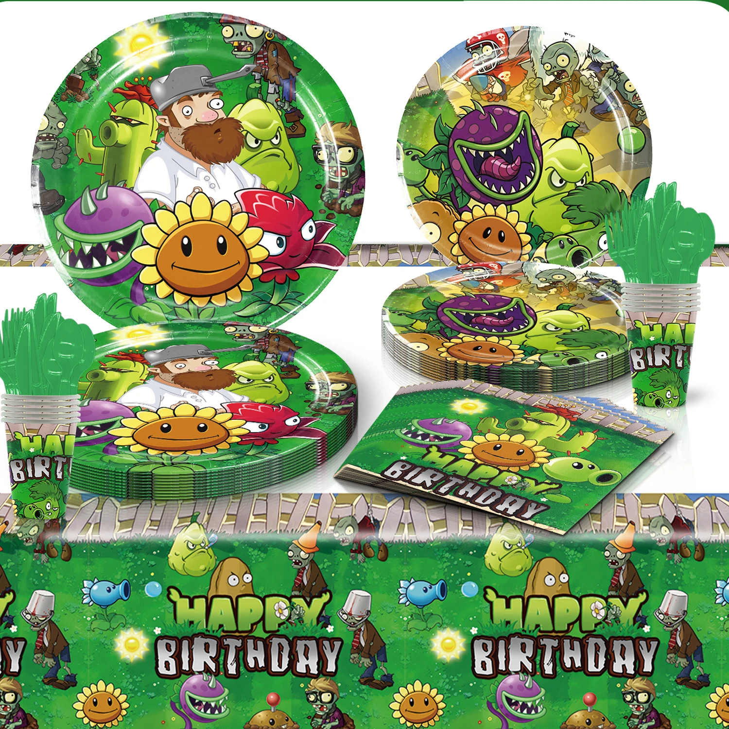 conjunto-de-toalha-de-mesa-guardanapos-e-utensilios-descartaveis-plantas-vs-zumbis-decoracoes-festivas-e-acessorios-infantis-de-uso-Unico