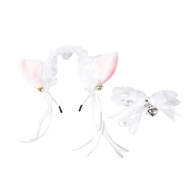 39BD 할로윈 의상 액세서리 모피 귀 머리띠 및 레이스 초커 목걸이 여자 소녀 크리스마스 할로윈