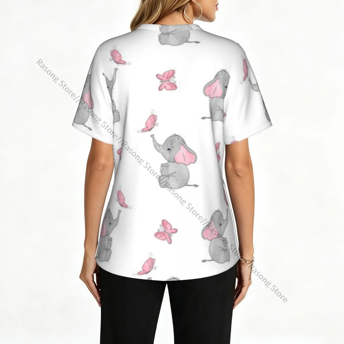 Women Scrubs Blouse Medical Nurse V-neck Clinical Scrubs Top Cute Elephant Playing Butterflies Pattern Work T-shirt