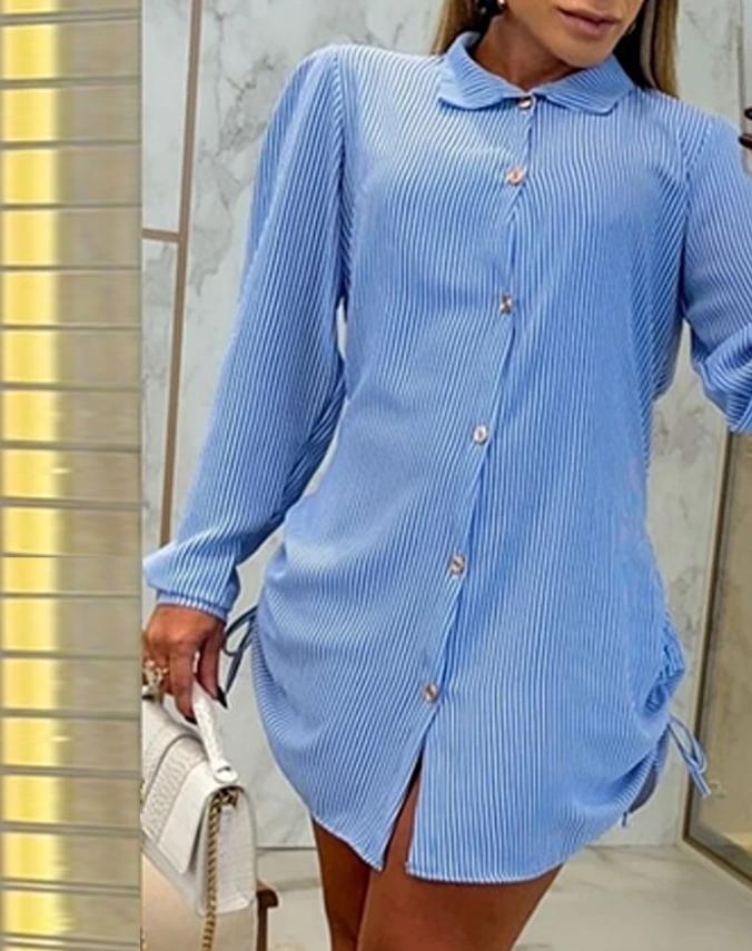 2024 Summer Casual Women's Side Drawstring Rib Button Roll up Sleeve Shirt Dress