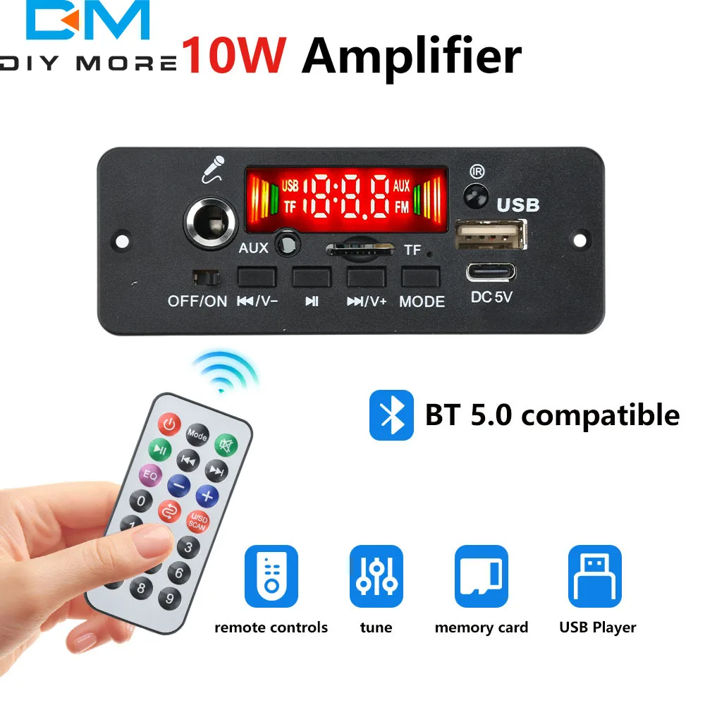 5W + 5W Digitalverstärker MP3-Decoderplatine DC 5V Bluetooth 5.0 FM-Unterstützung Mikrofon Auto MP3-Player mit Fernbedienung