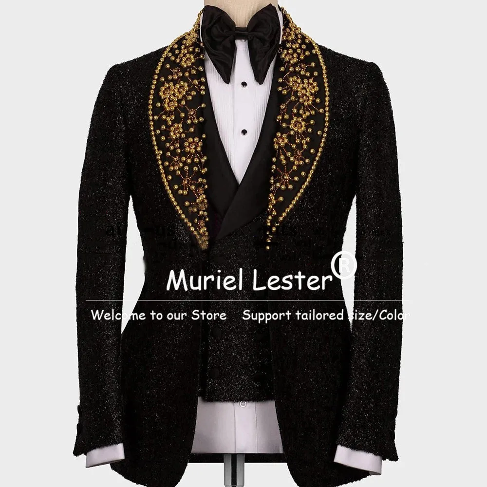 

Роскошные мужские костюмы с золотым жемчугом на свадьбу, комплекты из 3-х предметов, атласные пиджаки с шалью и лацканами, однобортные пиджаки для выпускного вечера по индивидуальному заказу