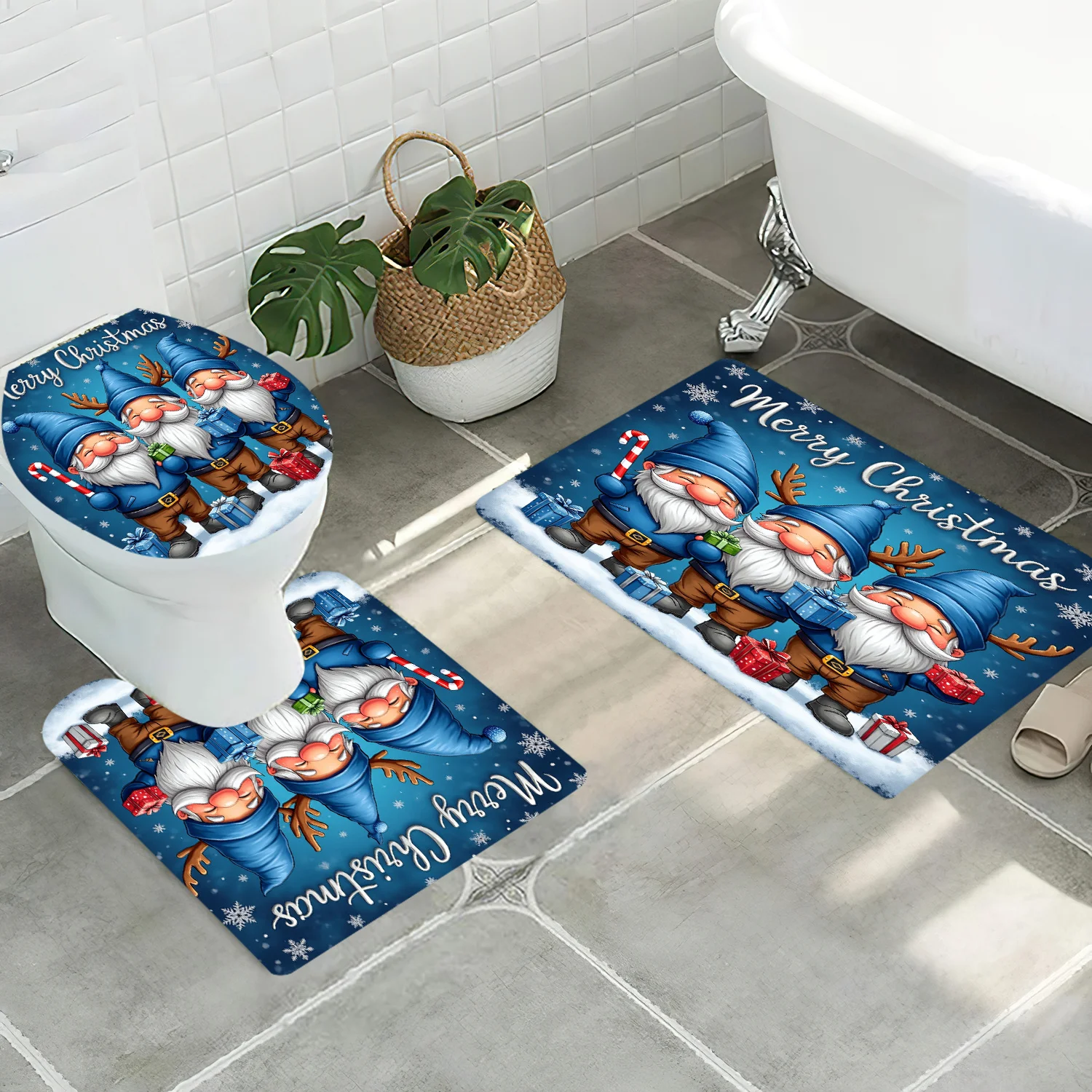 

3шт. ​ ​ Набор ковриков для ванной с рождественским гномом и конфетной тростью — нескользящий праздничный коврик и чехол для причудливого праздничного декора и игривого развесения ​