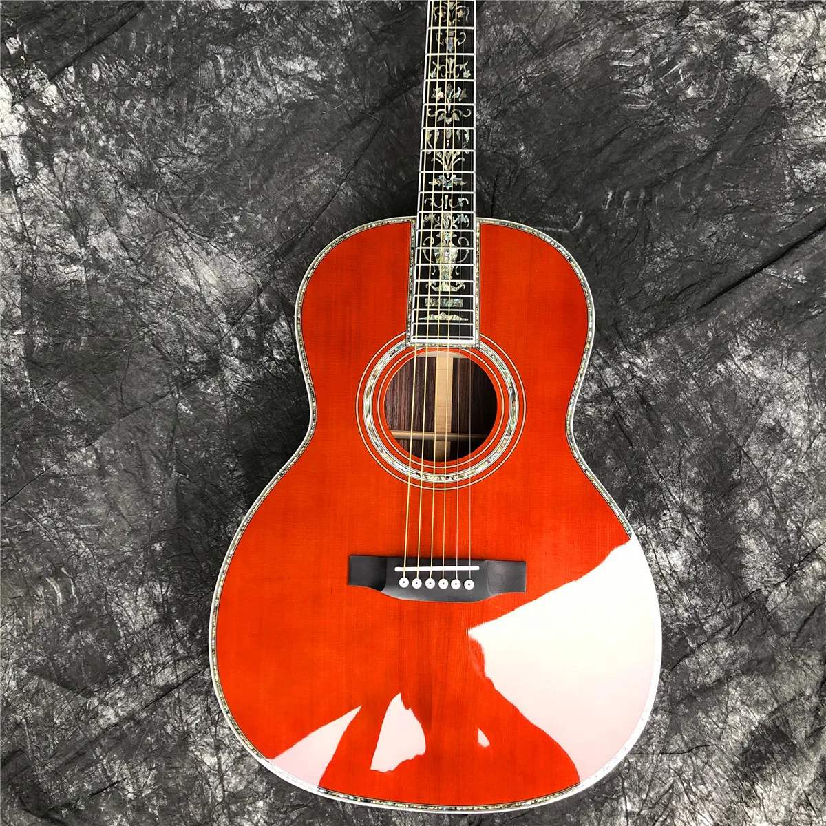 

Custom 39 Inches Red Solid Spruce OOO Type Acoustic Guitar Abalone Flowers Inlays Ebony Fingerboard