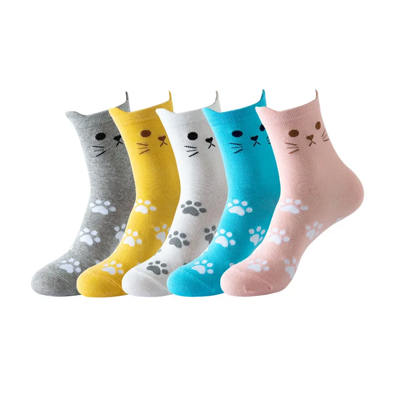 5 Pairs Fashion Colorful Kawaii Cute Cartoon Cotton Women Socks Comfortable Cat Polka Dog Stripe Casual Funny Korean Style Sock