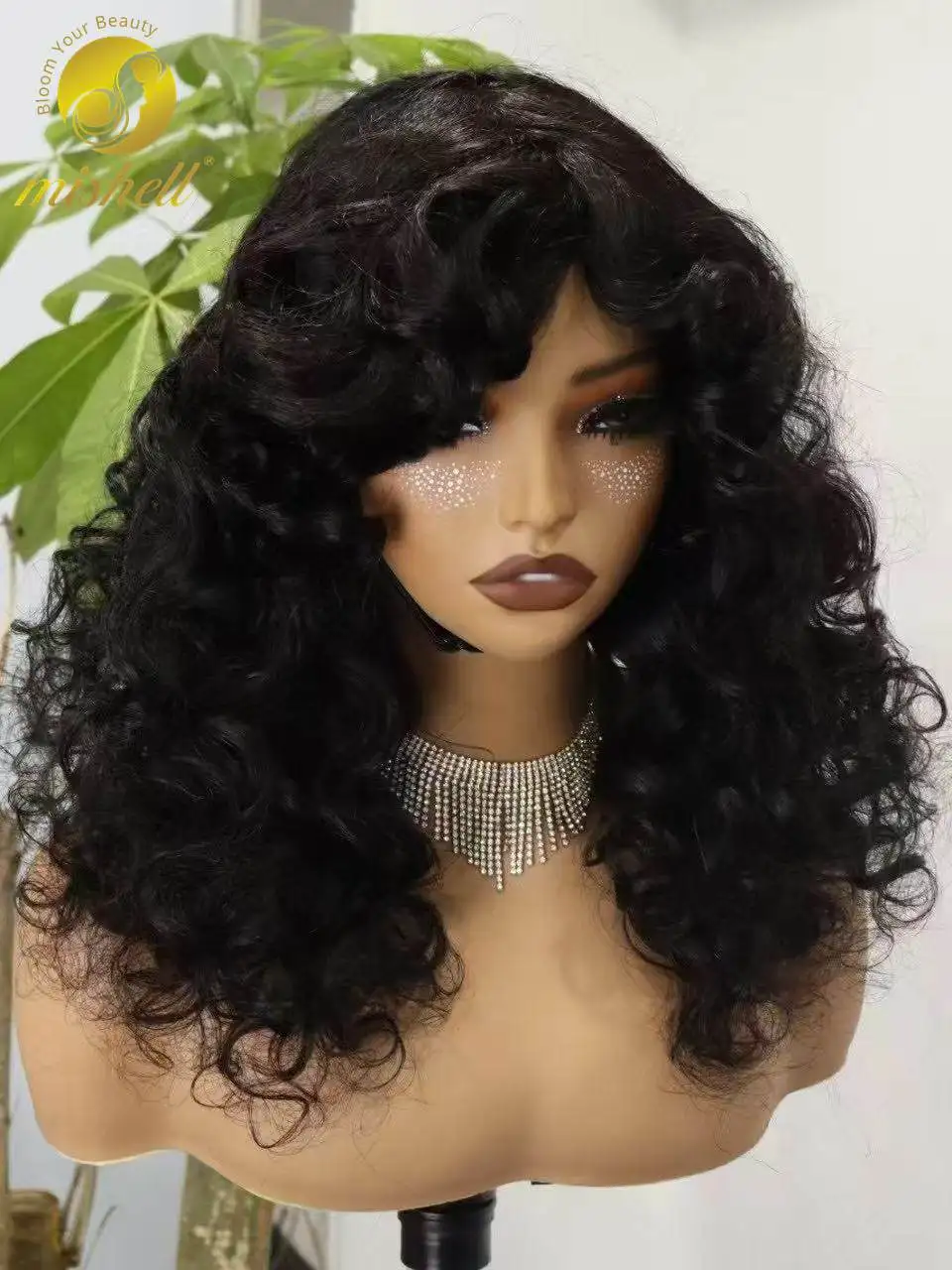 

300% Density Bouncy Loose Human Hair Wigs with Bangs 18inch Machine Made Colored Loose Curly Brazilian Remy Hair Wigs for Women