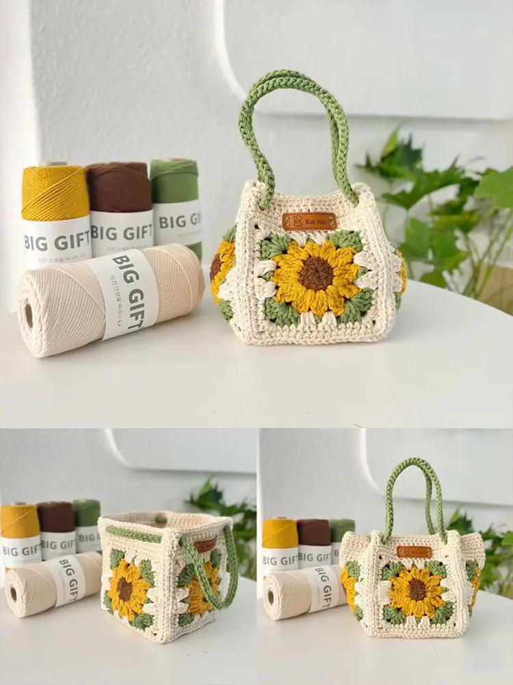 محلية الصنع DIY حقيبة يد غزل الكروشيه عباد الشمس حقيبة يد المنسوجة يدويا سلة الخضار حقيبة مربعة صغيرة المواد حقيبة لأفضل صديق #5
