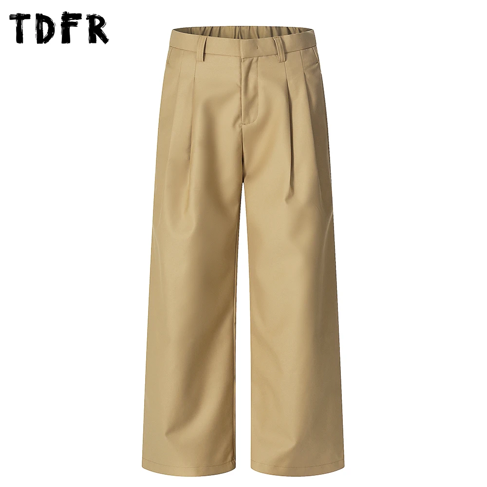 

Pleated Casual Pants Mens Solid Color Retro Autumn Winter Straight Wide Leg Baggy Elastic Waist Trousers Man