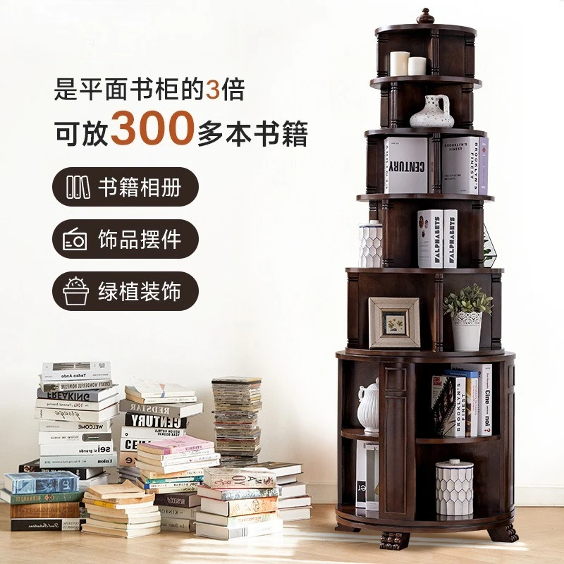 American solid wood bookshelf floor shelf European rotating bookshelf 360 degree small bookcase floor bookcase display shelf