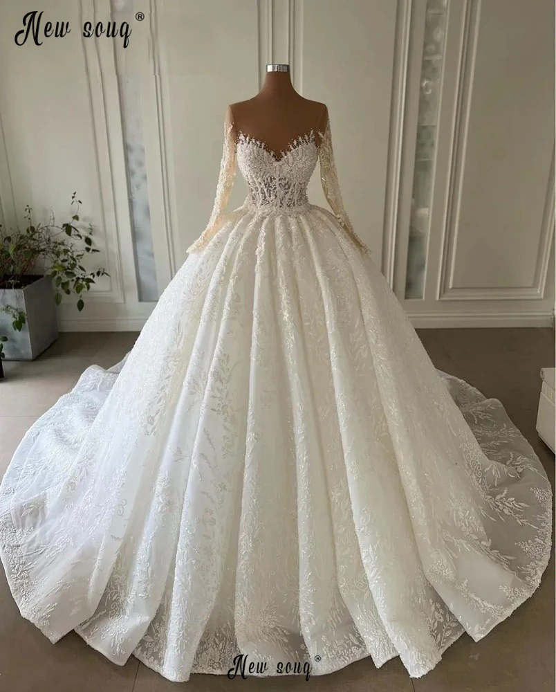 Muslim Long Sleeve Sheer Neck Wedding Dress Ball Gown Princess Bridal Gowns Dubai Custom Made Vestido De Casamento Plus Size