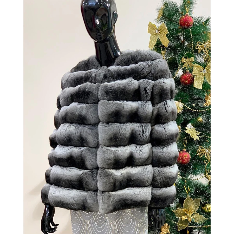 Chinchilla Coat Women Natural Rex Rabbit Fur Coat Round Collar Short Rabbit Fur Jacket Winter Real Fur Vest