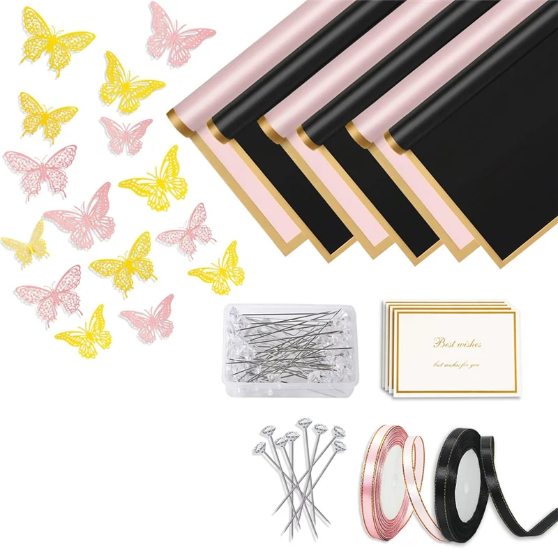 A59E-200Pcs Flower Wrapping Paper Kit, 40 Sheets Waterproof Flower Wrapping Paper, Black & Pink Floral Bouquet Wrapping Paper