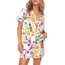 Cute Print Loungewear Short Sleeves Button T-Shirt Blouse and Elastic Shorts Comfy Soft Sleepwear Women 2 Piece Pajama Set