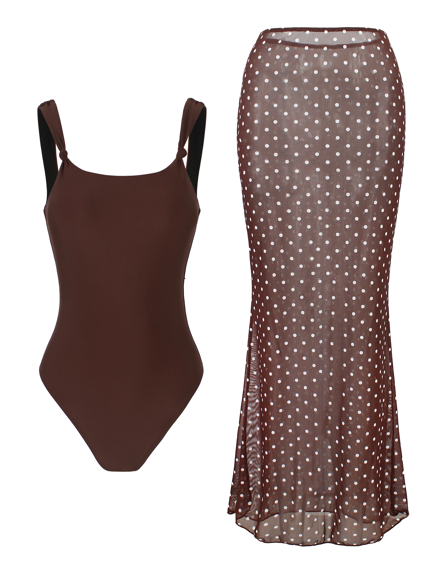 Swimwear Brown One-Piece Bodysuit Polka Dot Mesh Maxi Skirt Set Women Sexy Beachwear Two-Piece Holiday Swimsuit Summer 2026 K382