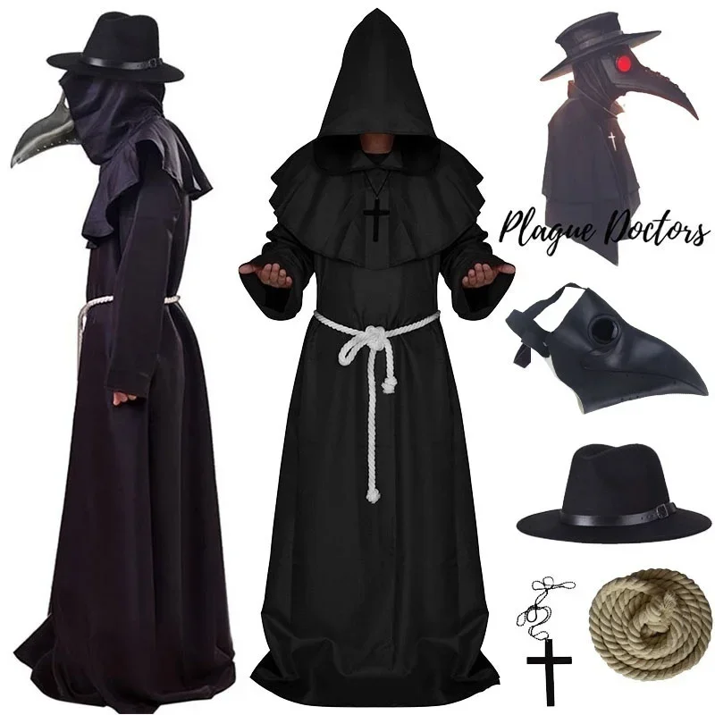 Nieuwe Plague Doctor Cosplay Kostuum Middeleeuwse Capuchon Gewaad Steampunk Terror Masker Hoed Volwassen Halloween Party Rollenspel Maat S-XL JS429