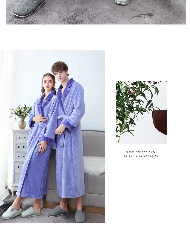 Herren Plüsch-Flanell Bademantel Fleece Kimono-Stil Langer Bademantel mit Waffelbesatz-Kragen und Bindegürtel Gemütliche Lounge-Schlafbekleidung Winter-Robe – Detail 13