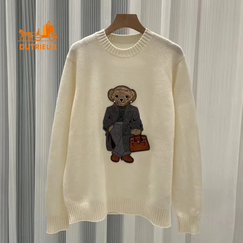 2024 New Autumn and Winter Cardigan Bear Embroidery Round Neck 100% Cashmere Pullover Knitted Cardigan Women\'s Warm Sweater