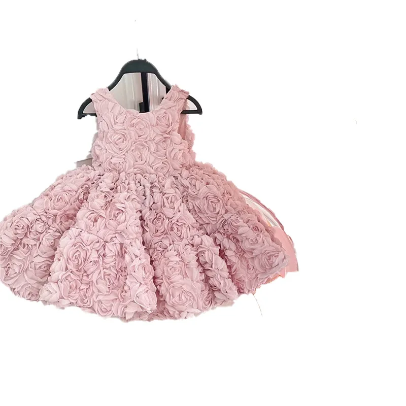 Girls birthday princess dress high-end dress Korean style fashion baby pink three-dimensional flower dress